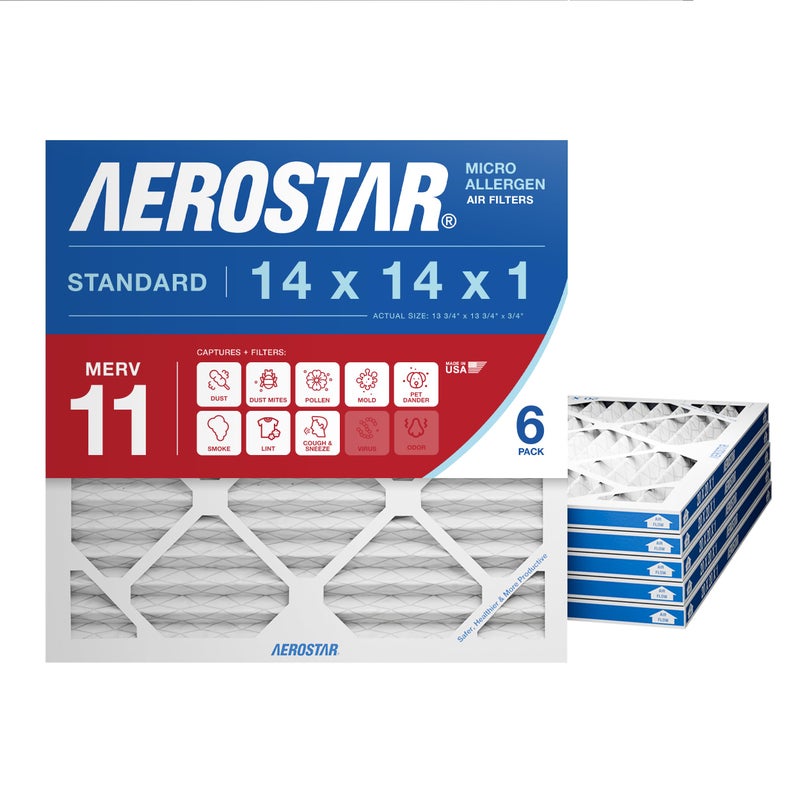 Aerostar 14x14x1 MERV 11 Air Filter, 6 Count, ACTUAL SIZE (13.75 x 13.75 x 0.75), HVAC, Air Conditioning & Furnace Filter for Dust, Pet Dander, Smoke & Allergies (MPR 1200 / FPR 7), Made in USA - Image 1